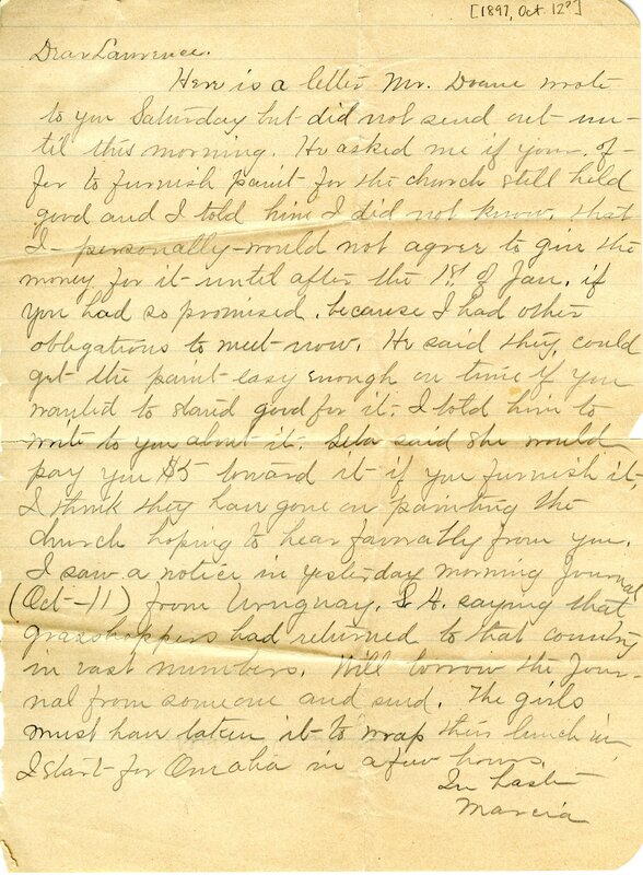Handwritten 1 page letter from Marcia Bruner to Lawrence Bruner, "Here is a letter Mr. Doane wrote to you…"