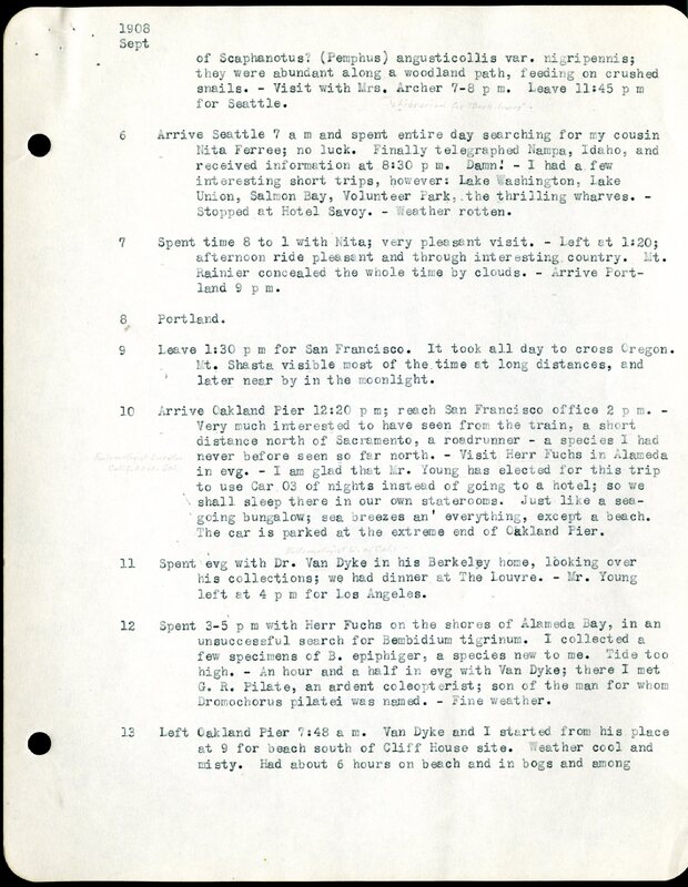 Frank H. Shoemaker typescript, 12 pages, on collecting trips along the west coast and in Omaha and Lincoln, Nebraska,  in Califorina, Idaho, Oregon,  and Arizona.