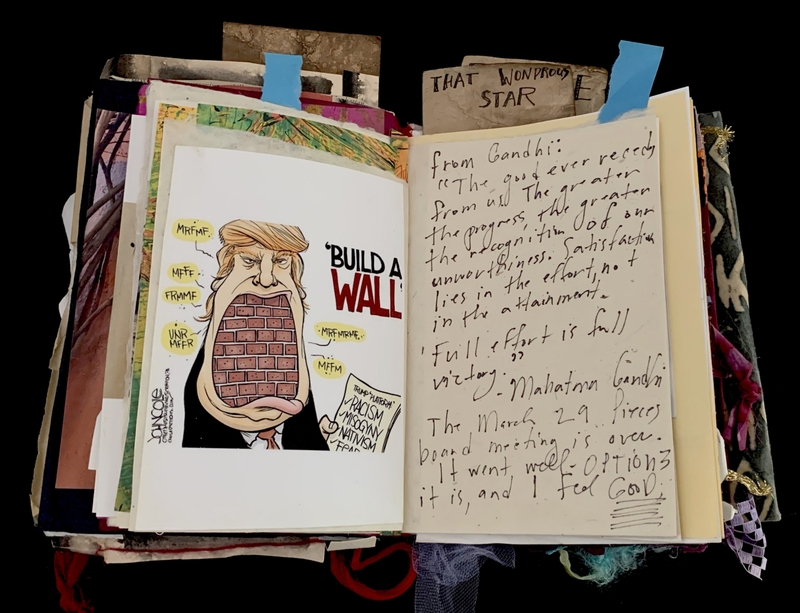 A collage of political cartoons and handwritten notes, featuring a caricature of Donald Trump holding a brick wall and a quote from Mahatma Gandhi.