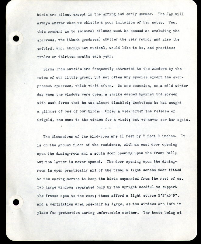 Frank H. Shoemaker typescript narrative, 29 pages,  on the bird room in Omaha home, with details on bird and insects.