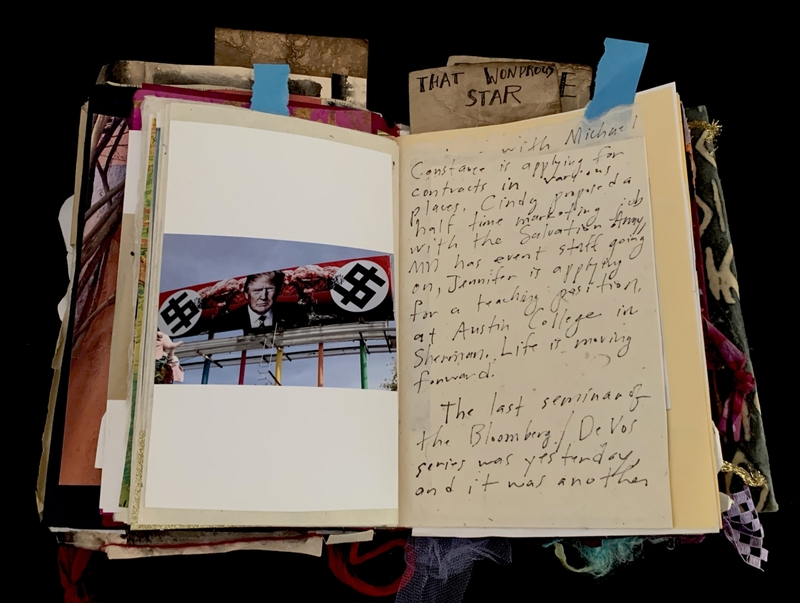 A scrapbook page with handwritten notes, a photograph, and various ephemera.