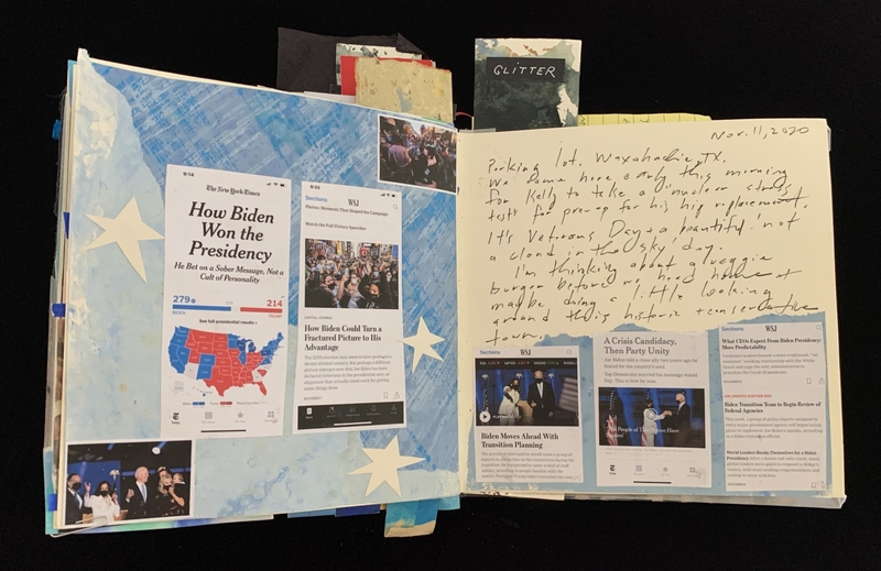 An open scrapbook showing newspaper clippings about Biden's presidential win and handwritten notes.