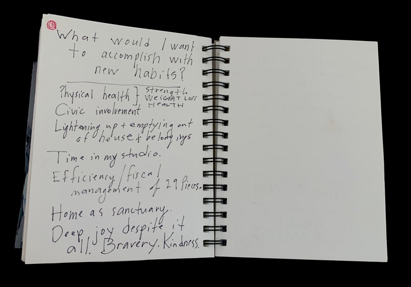 A handwritten list of goals and aspirations for new habits in a spiral-bound notebook.