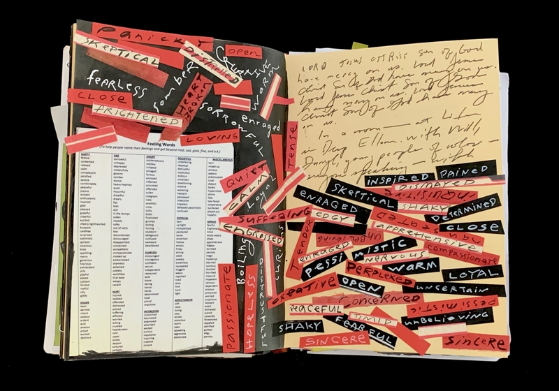 A collage of words and phrases on a page, with handwritten notes and a list of feeling words.