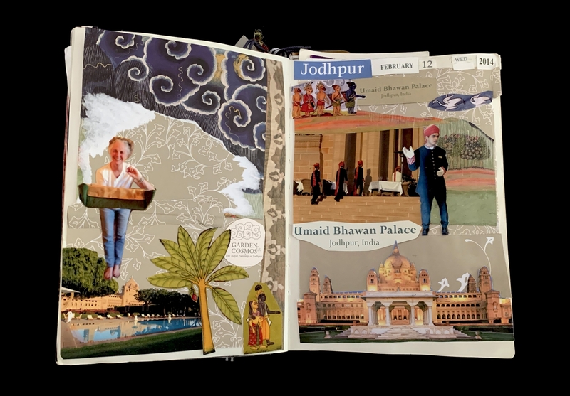 Open scrapbook with collages of Jodhpur and Umaid Bhawan Palace in India.