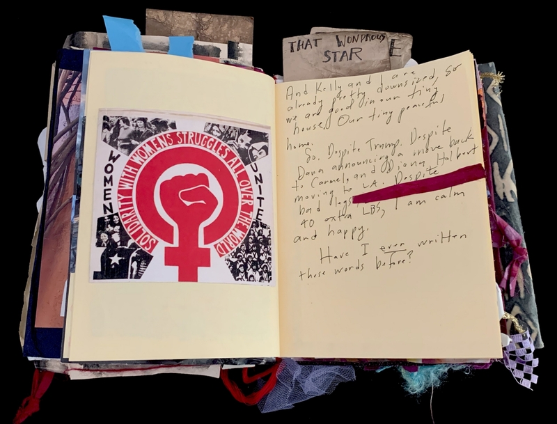 A collage-style page featuring a feminist symbol and handwritten notes.