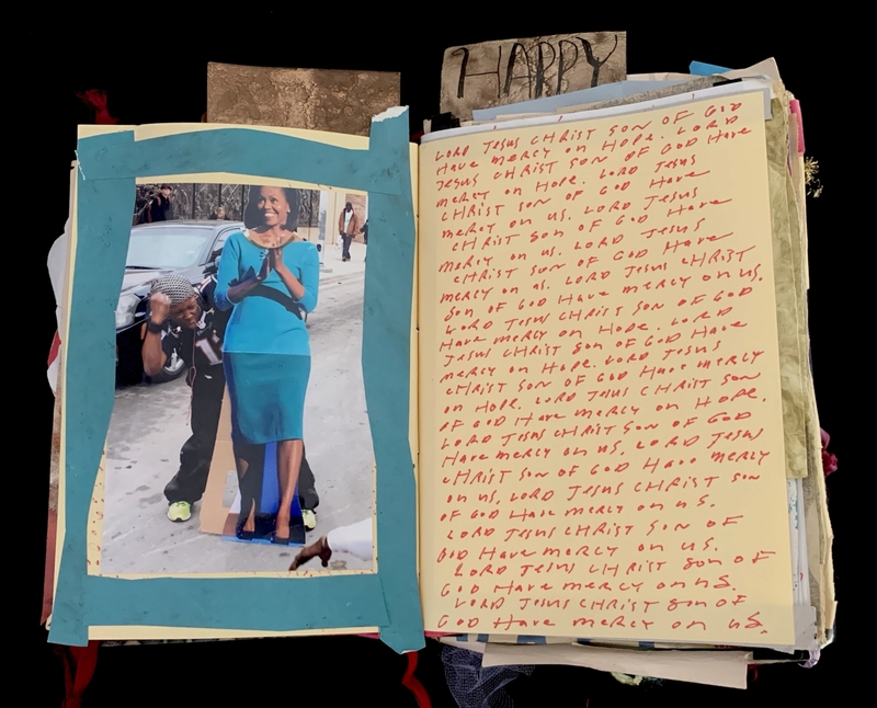 A collage featuring a photograph and handwritten text, with a theme of religious devotion and personal expression.