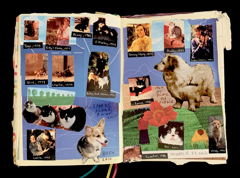 An open journal with photographs of pets and people, accompanied by handwritten notes and colorful artwork.