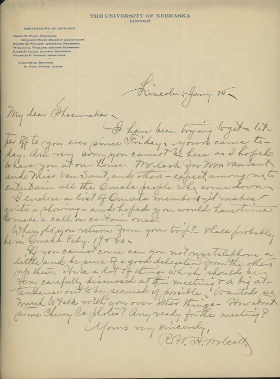 Handwritten letter, 1 page, from Robert H. Wolcott to Frank H. Shoemaker, "I have been trying to get a letter off of you ever since Friday, yours came today. Am very sorry you cannot be here as I hoped to have you at our house."
