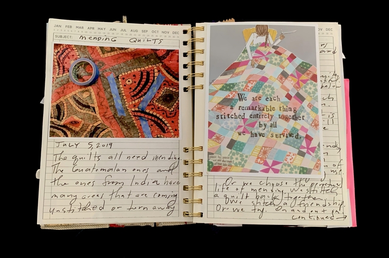 A scrapbook page featuring a photograph of a quilt, handwritten notes, and a printed quote about quilts.