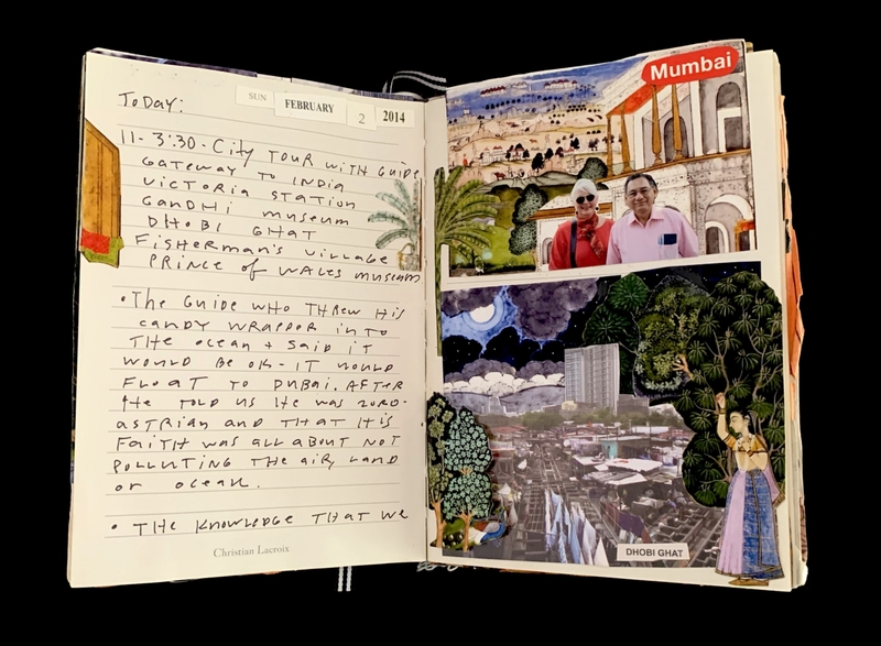 Open travel journal featuring handwritten notes and a collage of photographs and illustrations.