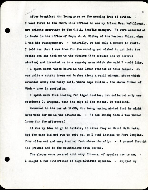 Frank H. Shoemaker typescript, 19 pages, noted on front page as "Have selected from my pocket day-dooks items pertaining to my leisure activities while on trips as private secretary to General Auditor of U.P.-S.P. and affiliates."