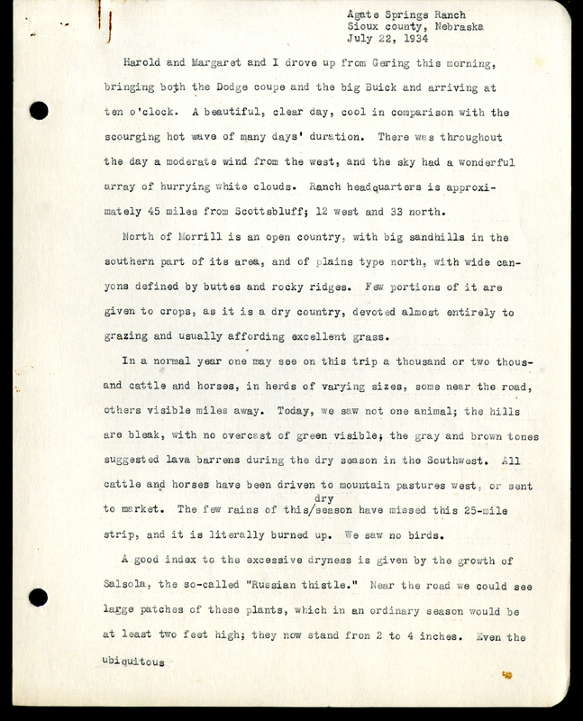 Frank H. Shoemaker typescript, 8 pages, on trip to Agate Springs Ranch with bird list.