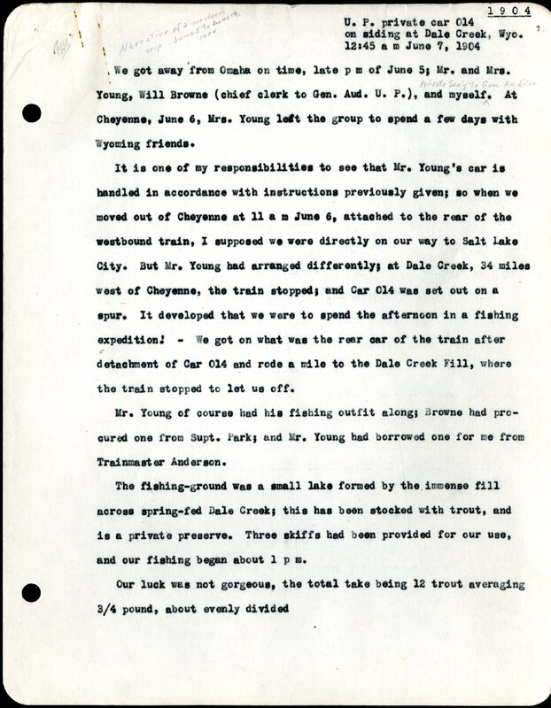 Frank H. Shoemaker typescript, 19 pages, noted on front page as "Have selected from my pocket day-dooks items pertaining to my leisure activities while on trips as private secretary to General Auditor of U.P.-S.P. and affiliates."
