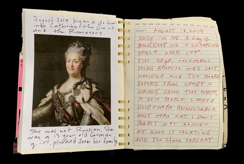 A handwritten journal entry dated August 18, 2019, includes a portrait of Catherine the Great and notes about her background and a family reunion.