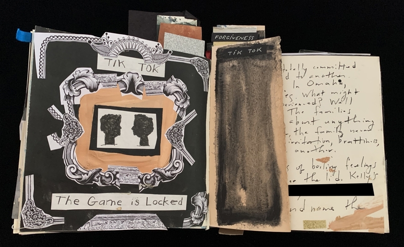 An open scrapbook with collaged baroque designs, face silhouettes, and text reading "TIK TOK" and "The Game is Locked."