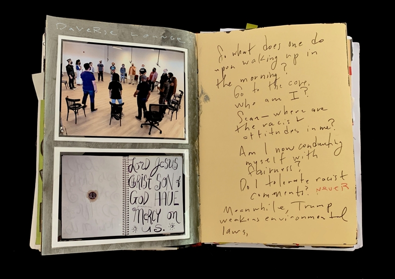 A journal page featuring a photograph of a group in a room, a handwritten note, and a prayer.