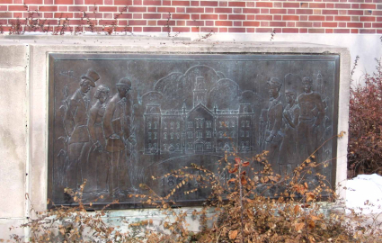 Plaque on Ferguson Hall, commemorating the location of .