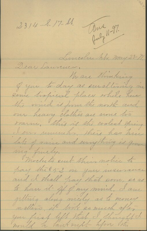 Handwritten 4 page letter from Marcia Bruner to Lawrence Bruner, "We are thinking of you today as ever…"