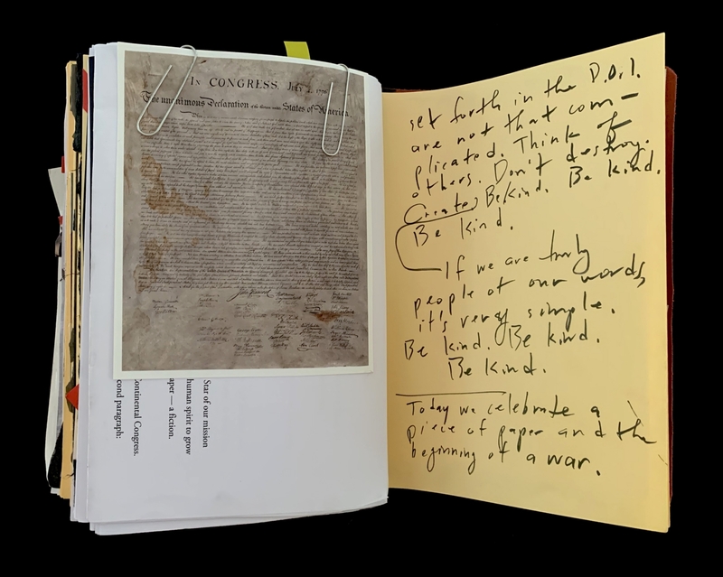 A handwritten note on a yellow page juxtaposed with a photograph of the Declaration of Independence.