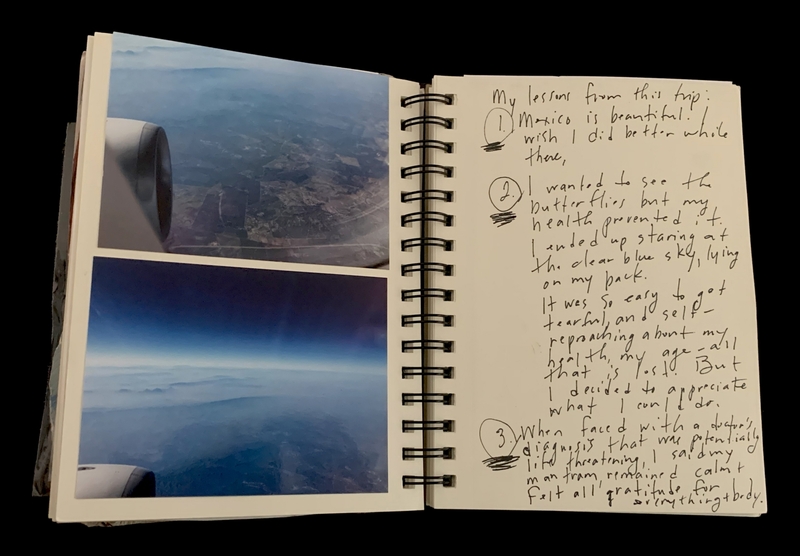 A travel journal page featuring aerial photographs and handwritten reflections on a trip to Mexico.