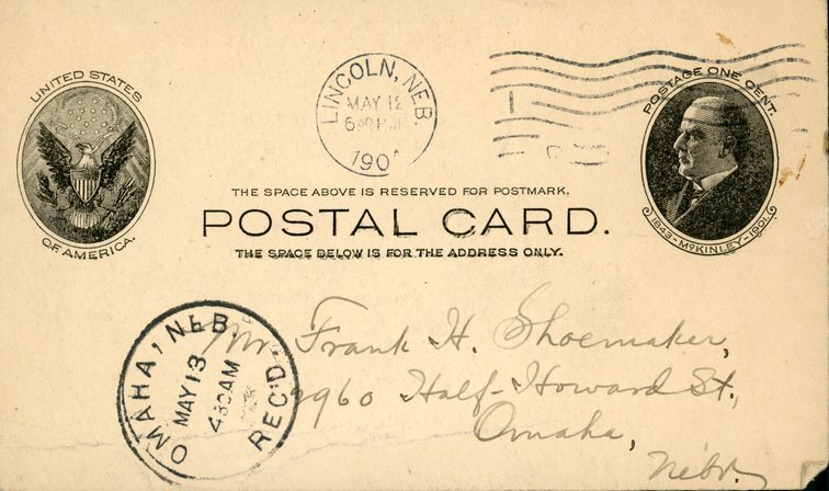 Handwritten postcard from Robert H. Wolcott to Frank H. Shoemaker, "Your letter from just received minus the card. Have you sent a notice to Miss Agnes M. Dawson..."
