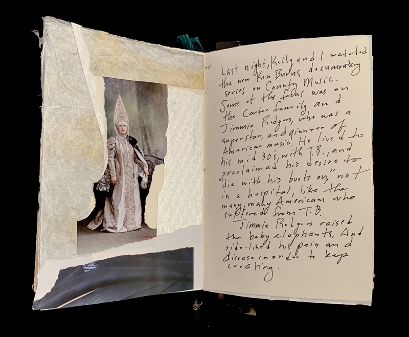 Open book with a collage on the left page and handwritten text on the right page.