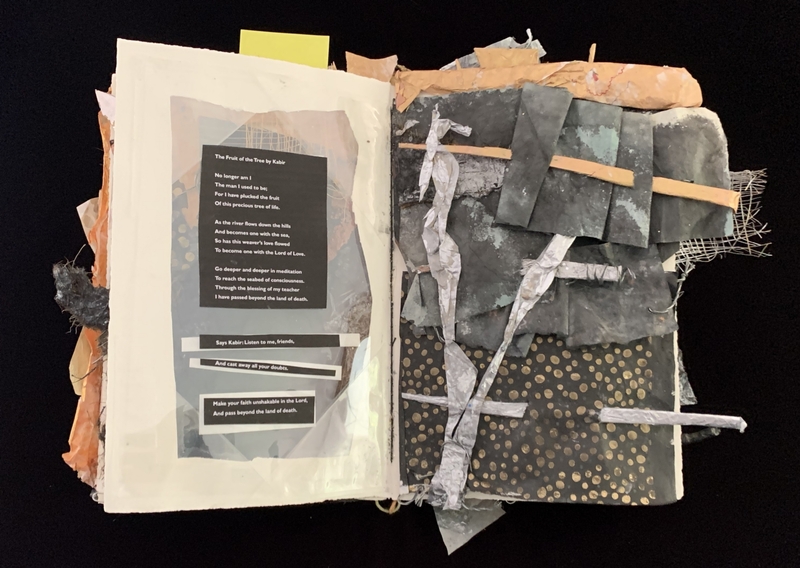 A mixed-media page featuring a poem by Kabir, with torn paper and tape as part of the design.