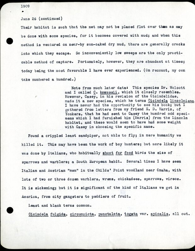 Frank H. Shoemaker typescript, 11 pages, notes and bird lists from field trip at Havelock, Nebraska, and areas surrounding Lincoln, Nebraska