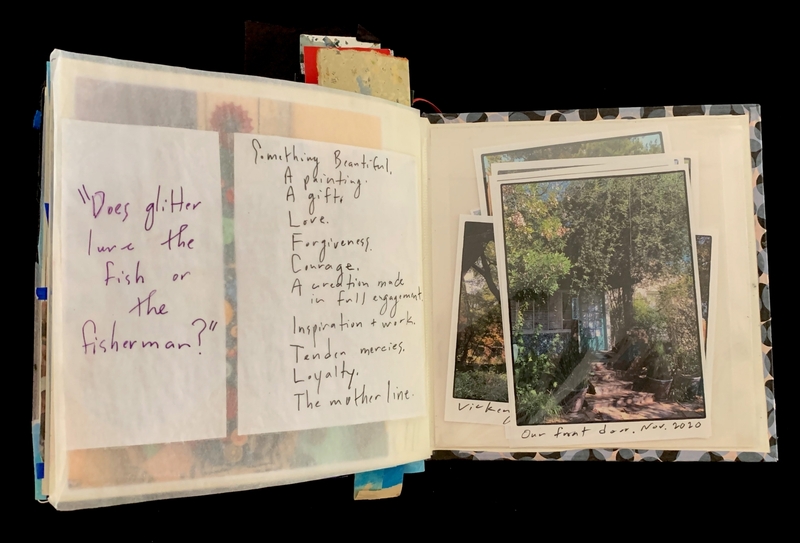 Open scrapbook showing handwritten texts and photos, including a garden path.