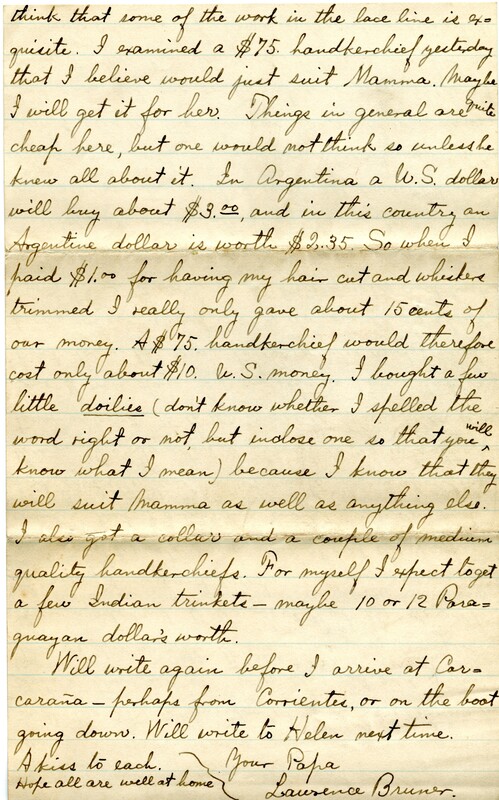 Handwritten 4 page letter from Lawrence Bruner to Psyche Bruner, "Who would have thought a year ago, or even 6 months ago, that I would be here today writing a letter home."