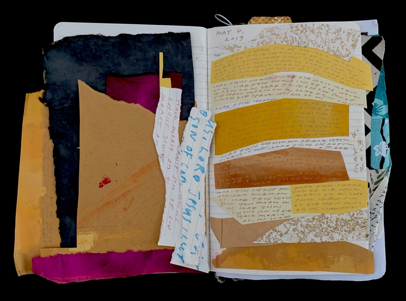 Mixed media art journal spread with layered paper and handwritten text.