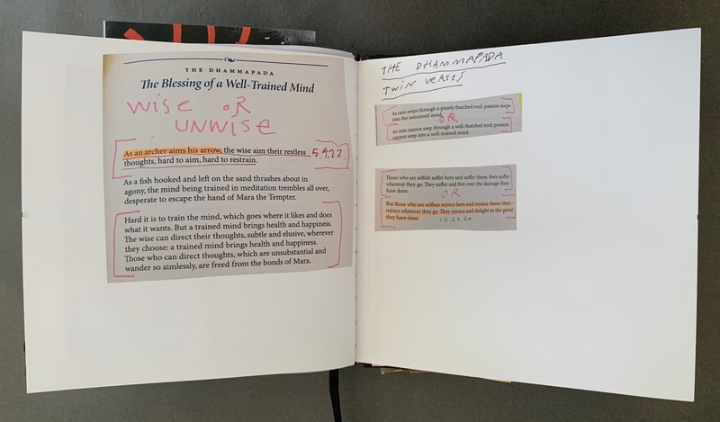 A page from "The Dhammapada" featuring a hand-drawn illustration and text discussing the blessings of a well-trained mind.