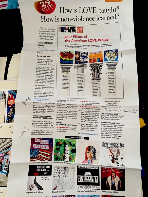 A poster titled "How is LOVE taught? How is non-violence learned?" featuring pillars of a project and diverse artwork expressions.