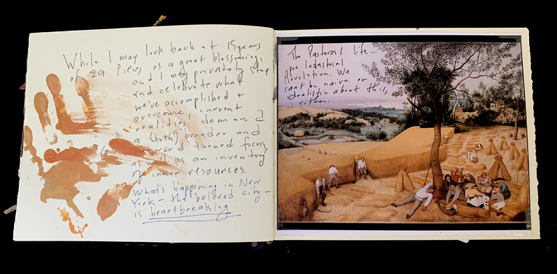 A journal page featuring a handprint, handwritten text, and a pastoral landscape painting.