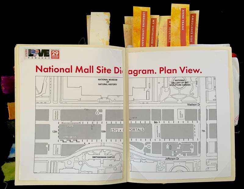 An open journal displaying a National Mall site diagram with colorful tabs on top.