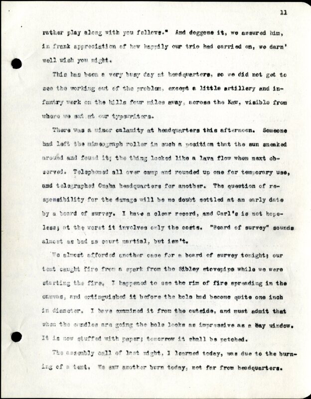 Frank H. Shoemaker typescript, 28 pages, titled "At Fort Riley, Kansas" on activities at Fort Riley between Oct. 12-29, 1903.