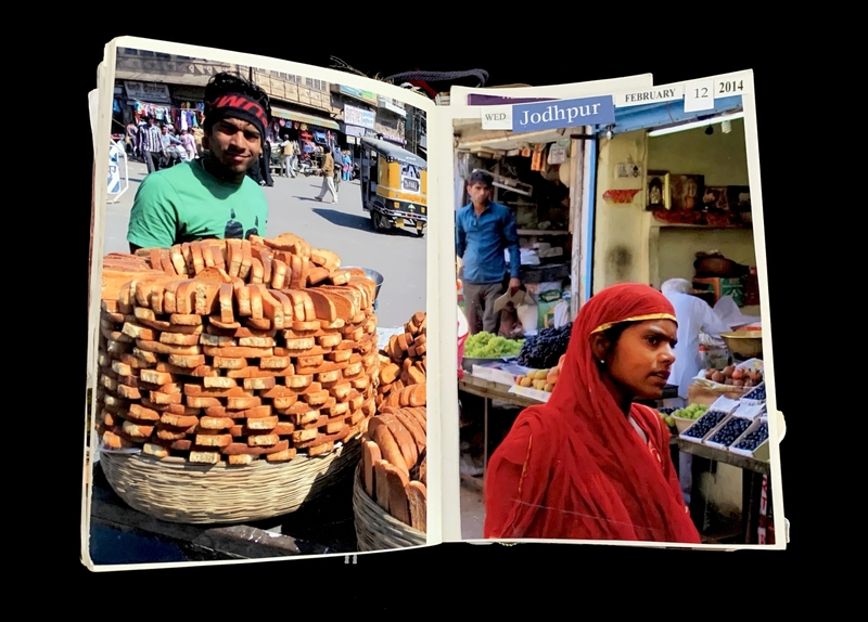 Open book with two photos: a man with bread stacks on the left, and a woman in a market on the right in Jodhpur.