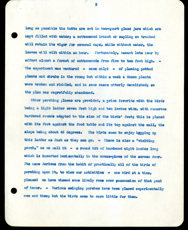 Frank H. Shoemaker typescript narrative, 29 pages,  on the bird room in Omaha home, with details on bird and insects.