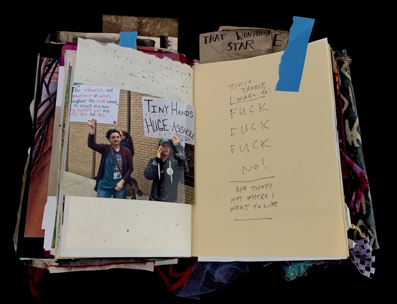 A collage page featuring protest photos and handwritten notes.