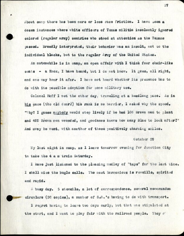 Frank H. Shoemaker typescript, 28 pages, titled "At Fort Riley, Kansas" on activities at Fort Riley between Oct. 12-29, 1903.