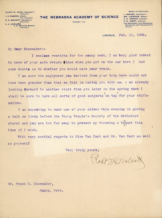 Handwritten letter, 1 page, from Robert H. Wolcott to Frank H. Shoemaker, "I enclose receipts for the money sent. I am very glad indeed to know of your safe return since when you got on the car here I had some doubts as to whether you would make your train."