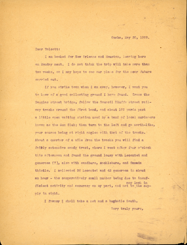 Typewritten letter, 1 page, from Frank H. Shoemaker to Robert H. Wolcott, "I am booked for New Orleans and Houston, leaving here on Monday next."