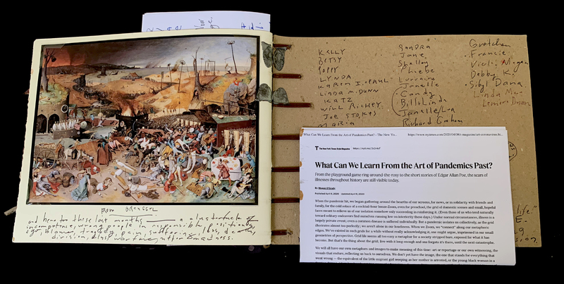 A page from a scrapbook featuring a detailed painting, handwritten notes, and a printed article.