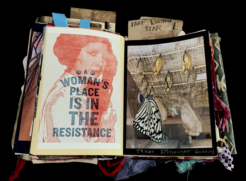 A collage page featuring a poster with the text "A woman's place is in the resistance" and a photograph of a butterfly and corn hanging from a woven structure.