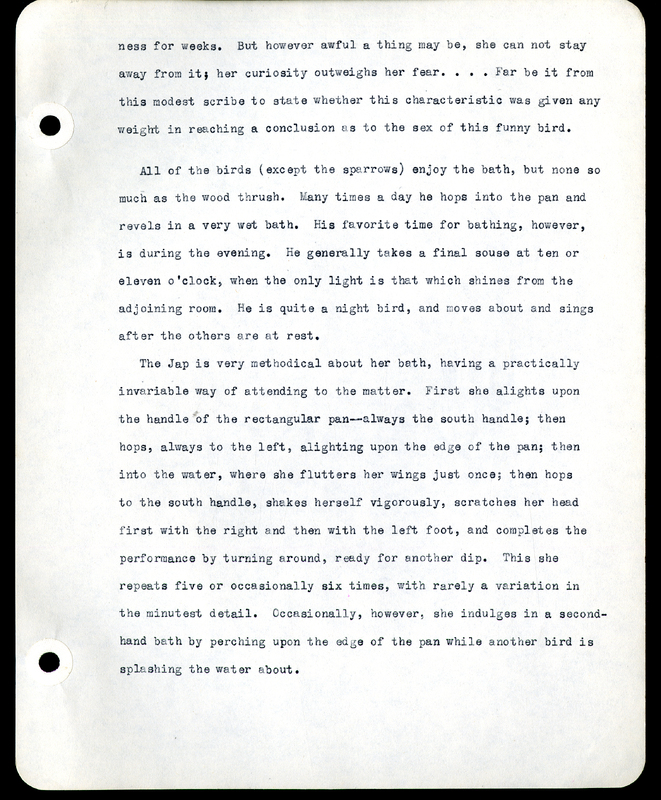 Frank H. Shoemaker typescript narrative, 29 pages,  on the bird room in Omaha home, with details on bird and insects.