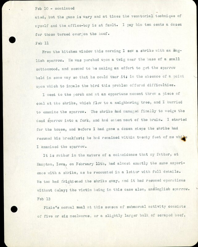 Frank H. Shoemaker typescript, 11 pages, on birds living in bird room in Omaha home with a list of birds in general Omaha region.