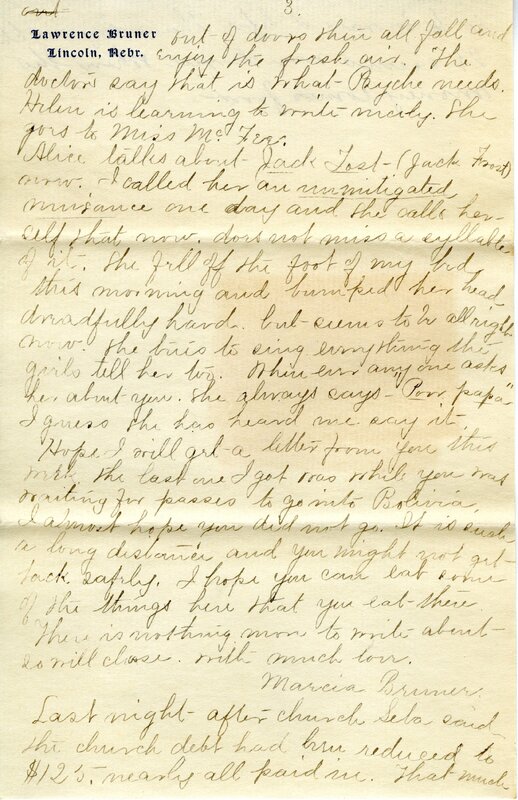 Handwritten 8 page letter from Marcia Bruner to Lawrence Bruner, "It seems harder every Sunday…"