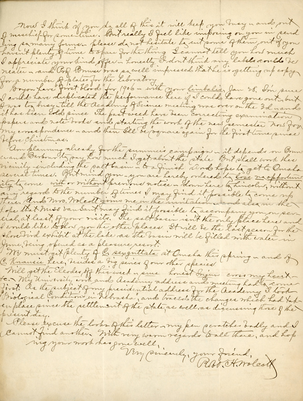 Handwritten letter, 2 pages, from Robert H. Wolcott to Frank H. Shoemaker, "I have these beetles unlabeleed awaiting that formality and give me your the list:"
