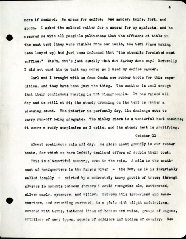 Frank H. Shoemaker typescript, 28 pages, titled "At Fort Riley, Kansas" on activities at Fort Riley between Oct. 12-29, 1903.